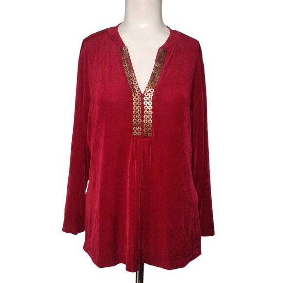 Chicos Travelers Popover Embellished Top Size 1 Med Slinky Stretch 3/4 Sleeve - Picture 1 of 6